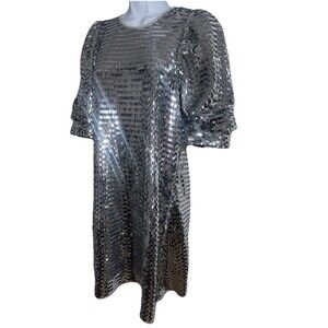 Zara Silver Metallic Sequin Puff Sleeve Dress Long Paillettes Lined Women XS